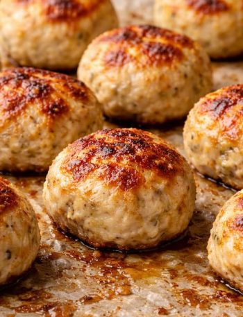 Albóndigas de pollo sin pan y sin huevo doradas recién salidas del horno sobre papel vegetal.