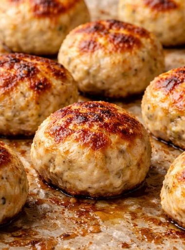 Albóndigas de pollo sin pan y sin huevo doradas recién salidas del horno sobre papel vegetal.