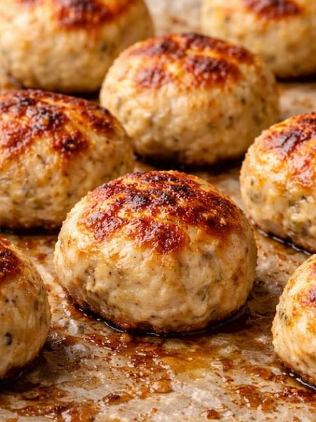 Albóndigas de pollo sin pan y sin huevo doradas recién salidas del horno sobre papel vegetal.