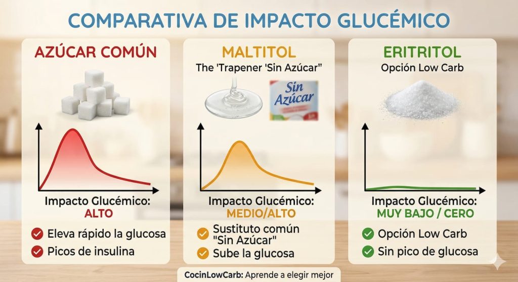 Una infografía educativa que compara el impacto glucémico de tres endulzantes: el azúcar común (pico rojo alto), el maltitol (pico naranja medio/alto) y el eritritol (línea verde plana, sin pico), mostrando que el eritritol es la mejor opción low carb