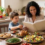 Familia feliz sentada a la mesa con platos de comida saludable, leyendo un libro y aprendiendo a comer bajo en carbohidratos juntos.