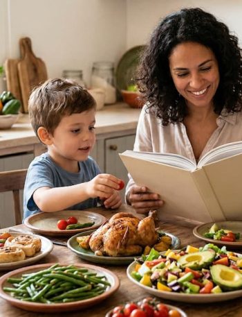 Familia feliz sentada a la mesa con platos de comida saludable, leyendo un libro y aprendiendo a comer bajo en carbohidratos juntos.
