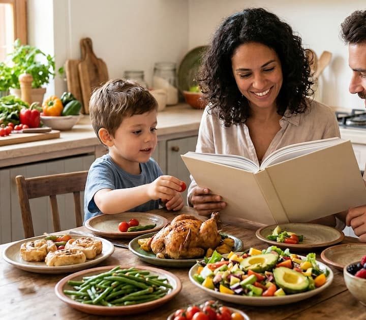 Familia feliz sentada a la mesa con platos de comida saludable, leyendo un libro y aprendiendo a comer bajo en carbohidratos juntos.