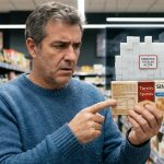 Un hombre en un supermercado mira con expresión de duda la etiqueta de un turrón que dice "Sin Azúcar Añadido", mientras un gráfico superpuesto advierte en rojo sobre el alto contenido de carbohidratos ocultos.