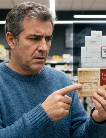 Un hombre en un supermercado mira con expresión de duda la etiqueta de un turrón que dice "Sin Azúcar Añadido", mientras un gráfico superpuesto advierte en rojo sobre el alto contenido de carbohidratos ocultos.