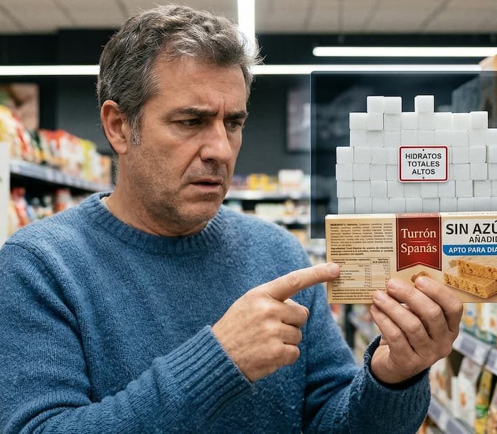 Un hombre en un supermercado mira con expresión de duda la etiqueta de un turrón que dice "Sin Azúcar Añadido", mientras un gráfico superpuesto advierte en rojo sobre el alto contenido de carbohidratos ocultos.