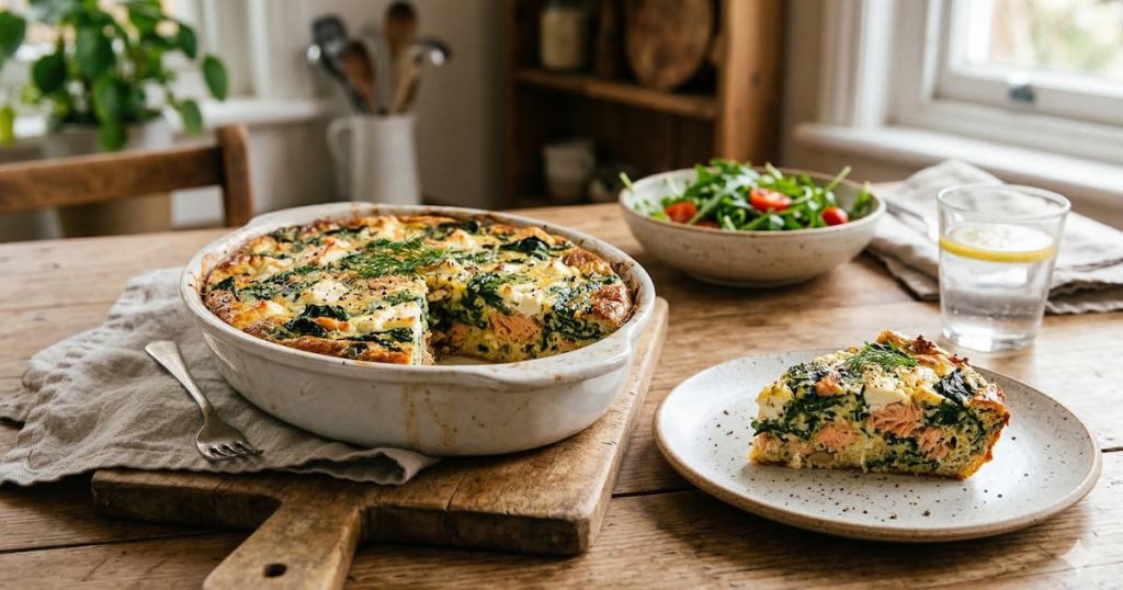 Pastel de salmón ahumado, espinacas y queso feta cortado en porciones sobre una tabla de madera
