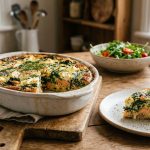 Pastel de salmón ahumado, espinacas y queso feta cortado en porciones sobre una tabla de madera