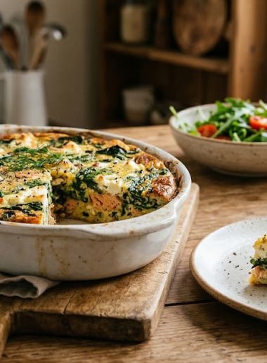 Pastel de salmón ahumado, espinacas y queso feta cortado en porciones sobre una tabla de madera