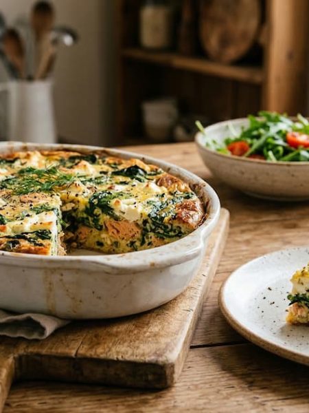 Pastel de salmón ahumado, espinacas y queso feta cortado en porciones sobre una tabla de madera