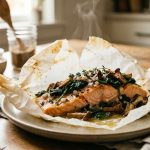 Salmón en papillote con espinacas y setas recién salido del horno.