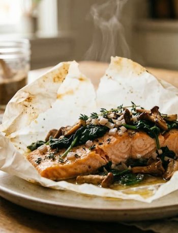 Salmón en papillote con espinacas y setas recién salido del horno.