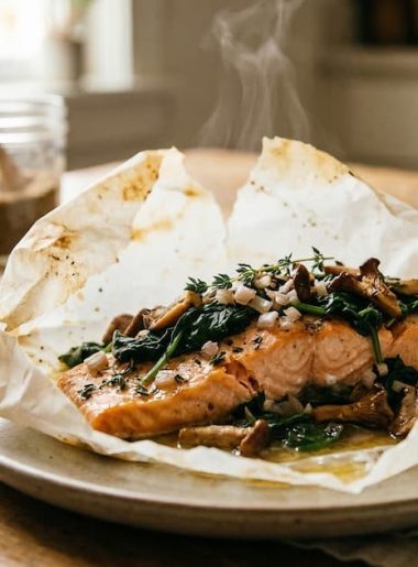 Salmón en papillote con espinacas y setas recién salido del horno.